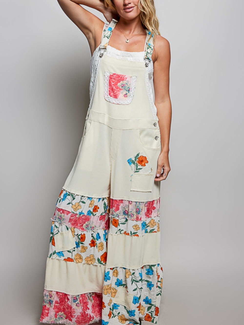 🌟 “The Phoebe" Cream Mixed Print Wide Leg Overalls